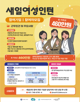 새일 여성인턴
참여기업 | 참여자모집

근무조건 및 주요사항
근무형태
전일제(주35시간이상) 또는 시간제 (주20시간 이상), 일정급여 이상
중복지원
타 정부지원금과 중복지급 불가
업체요건
지침 상 제한업종 해당 X
특정 기간 내 고용조건 이직(인위적감원)
사실 없는 사업장 

총 지원금 460만원 경력단절여성 기업인턴 근무 경험 통한 자신감 및 현장적응력 제고, 취업 후 직장 적응 지원

참여업체(기업)
참여대상 상시근로자수 5인이상 (5인 미만 시 문의
지원혜택
인턴지원금
인턴3개월간 80만원씩
고용장려금
인턴종료후 정규직 
6개월 12개월 이상 고용 유지 시

참여자 (여성)
참여대상 경기광역새일센터에 구직신청한 여성
지원혜택
근속장려금 
인턴 종료 후 정규직 6개월 이상
고용 유지 시 60만원(1회 지원)


신청 문의 필수 새일인턴 참여 희망 기업은 담당자와 사전 상담 후 신청
031-740-6795~6
jihee0122@korea.kr